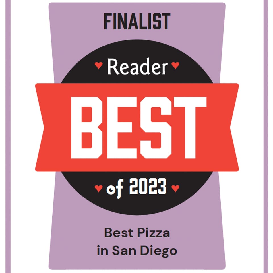 Graphic announcing Big Oven Pizza as a "Reader's Best of 2023 Finalist" for "Best Pizza in San Diego".