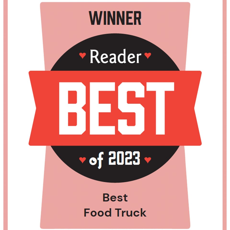 A graphic announcing "Winner Reader Best of 2023 Best Food Truck" in red, black, and pink.