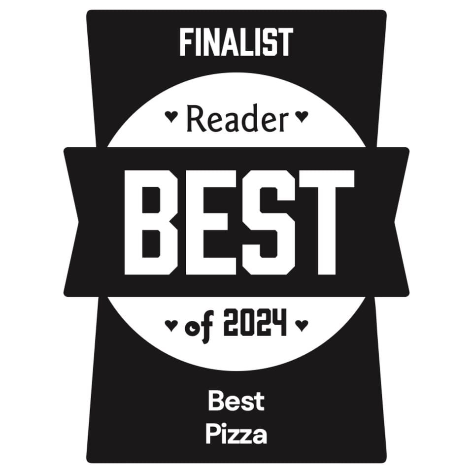 Black and white graphic: "FINALIST Reader BEST of 2024 Best Pizza" award for Big Oven Pizza.