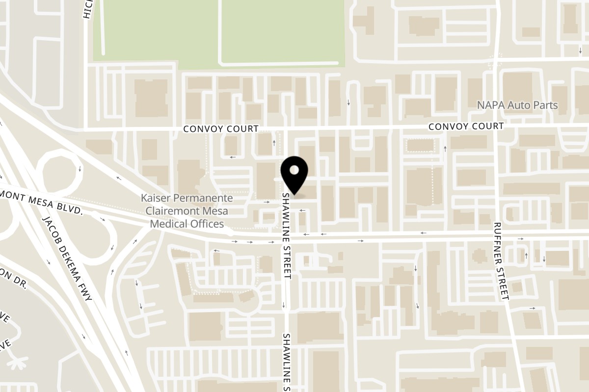 Map showing the location of Big Oven Pizza Kearny Mesa on 5025 Shawline St in San Diego